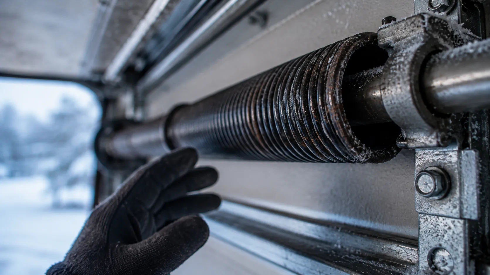 Garage door detail illustrating how cold snaps break torsion springs on atlanta's older doors