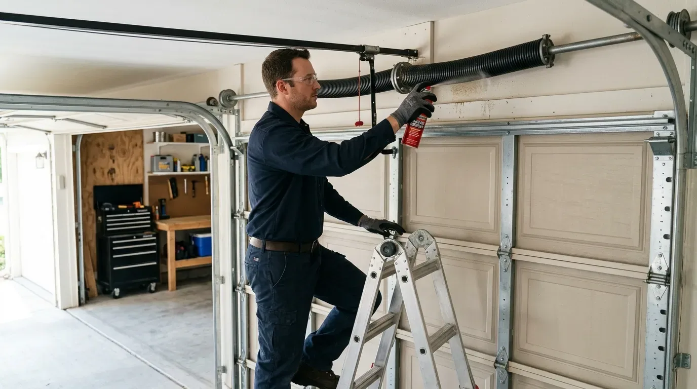 Garage door technician repairing an older residential garage door in Atlanta