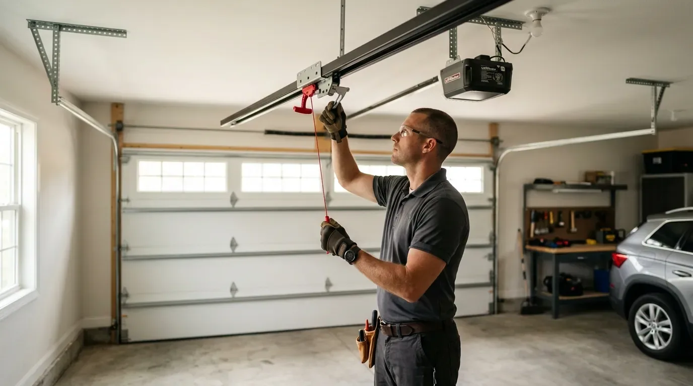 Technician inspecting garage door springs tracks rollers and opener in Atlanta